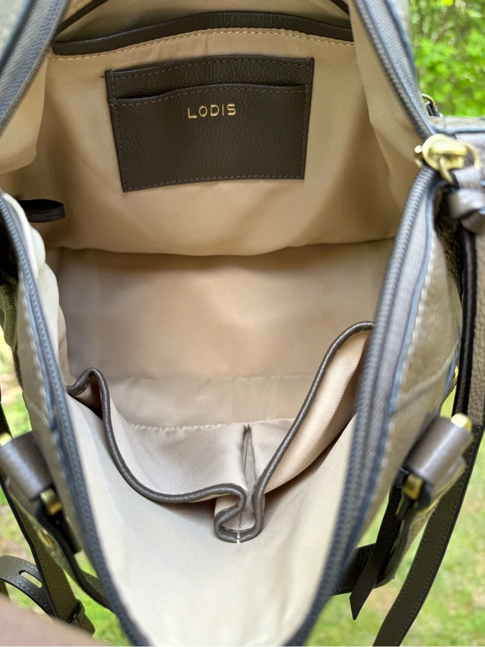 Lodis Margo Brown Olive Leather Satchel Crossbody Braided Top Handle